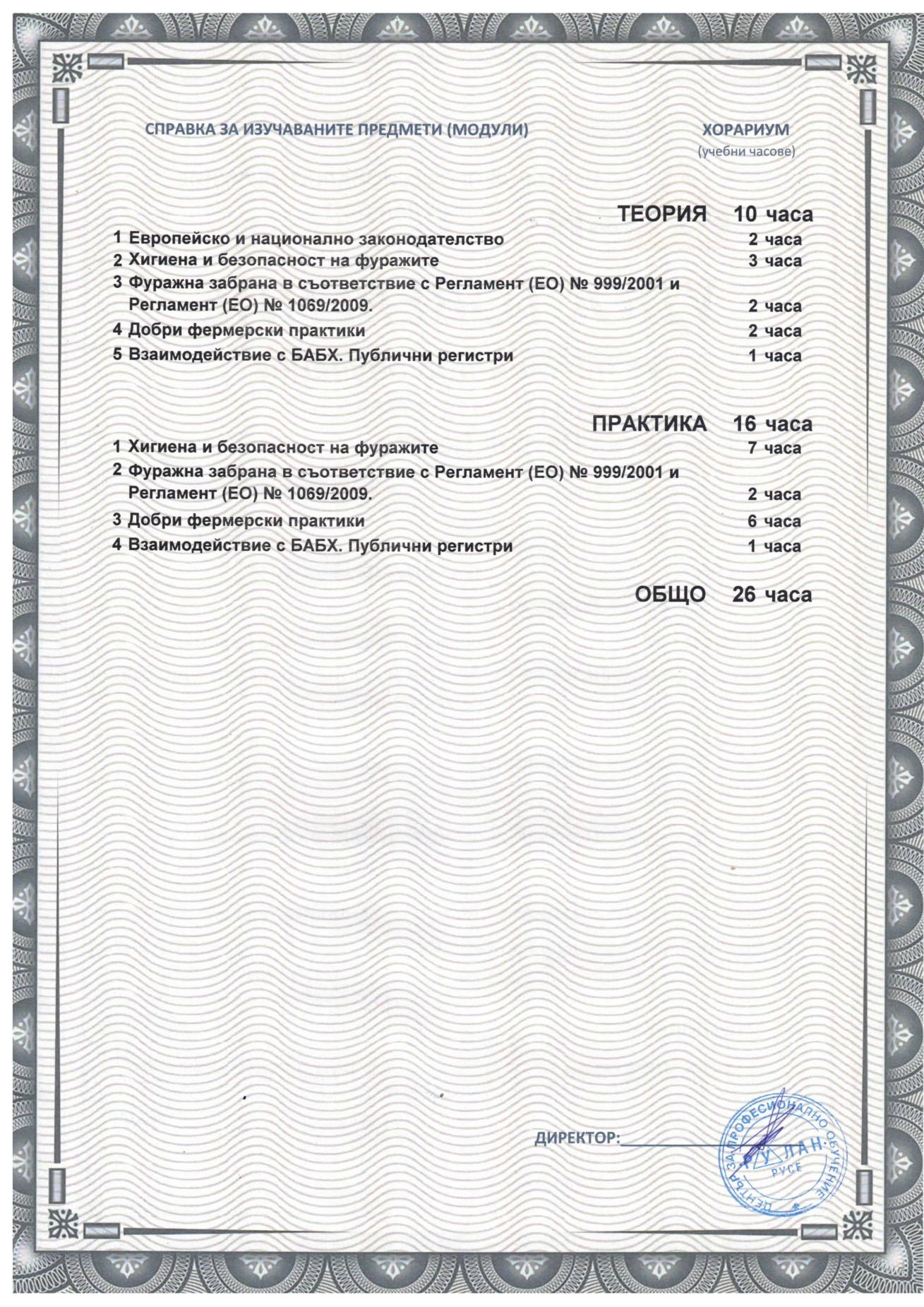 Гръб на удостоверение - 10 часа теория и 16 часа практика