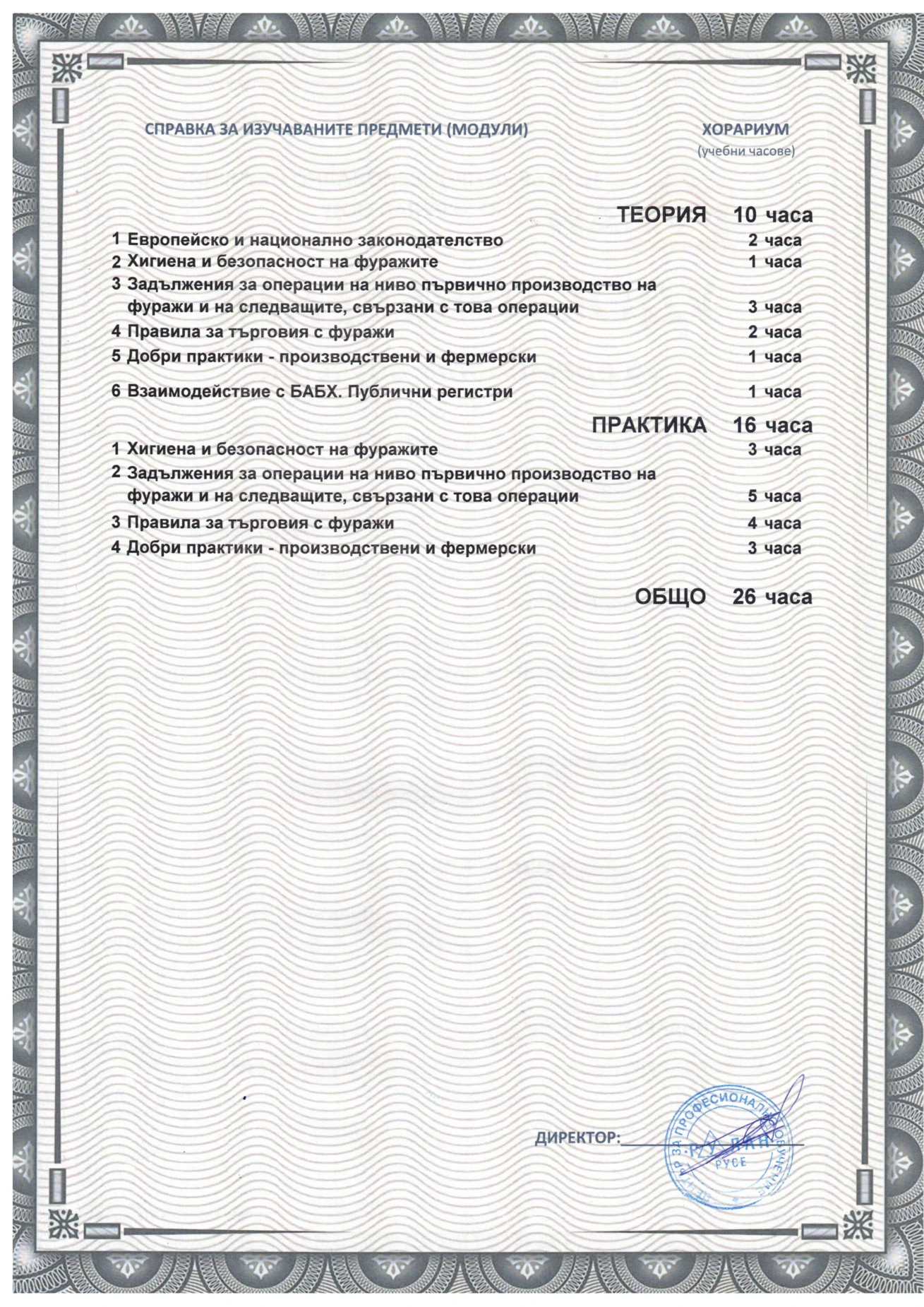 Гръб на удостоверение - 10 часа теория и 16 часа практика