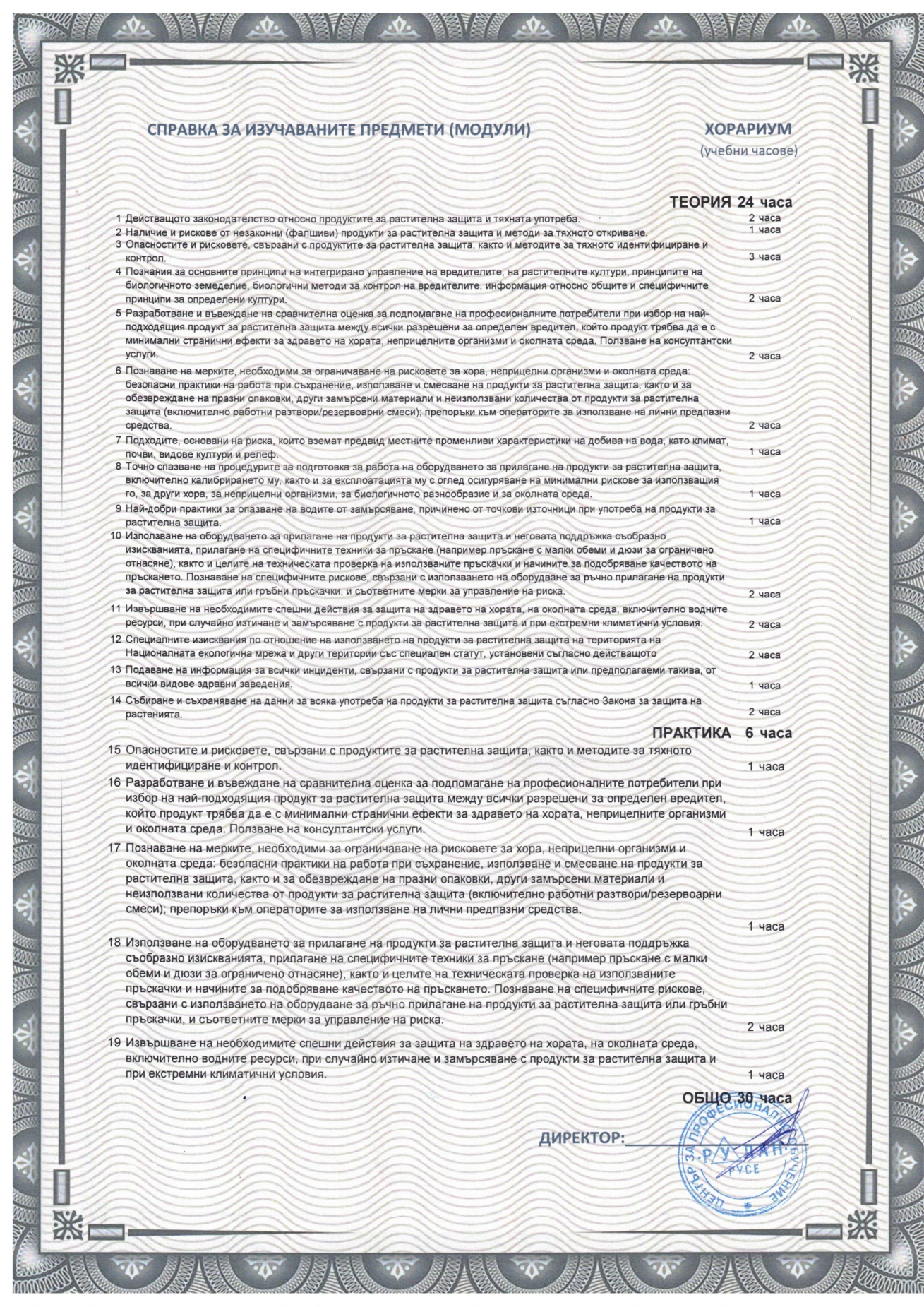 Гръб на удостоверение - 24 часа теория и 6 часа практика
